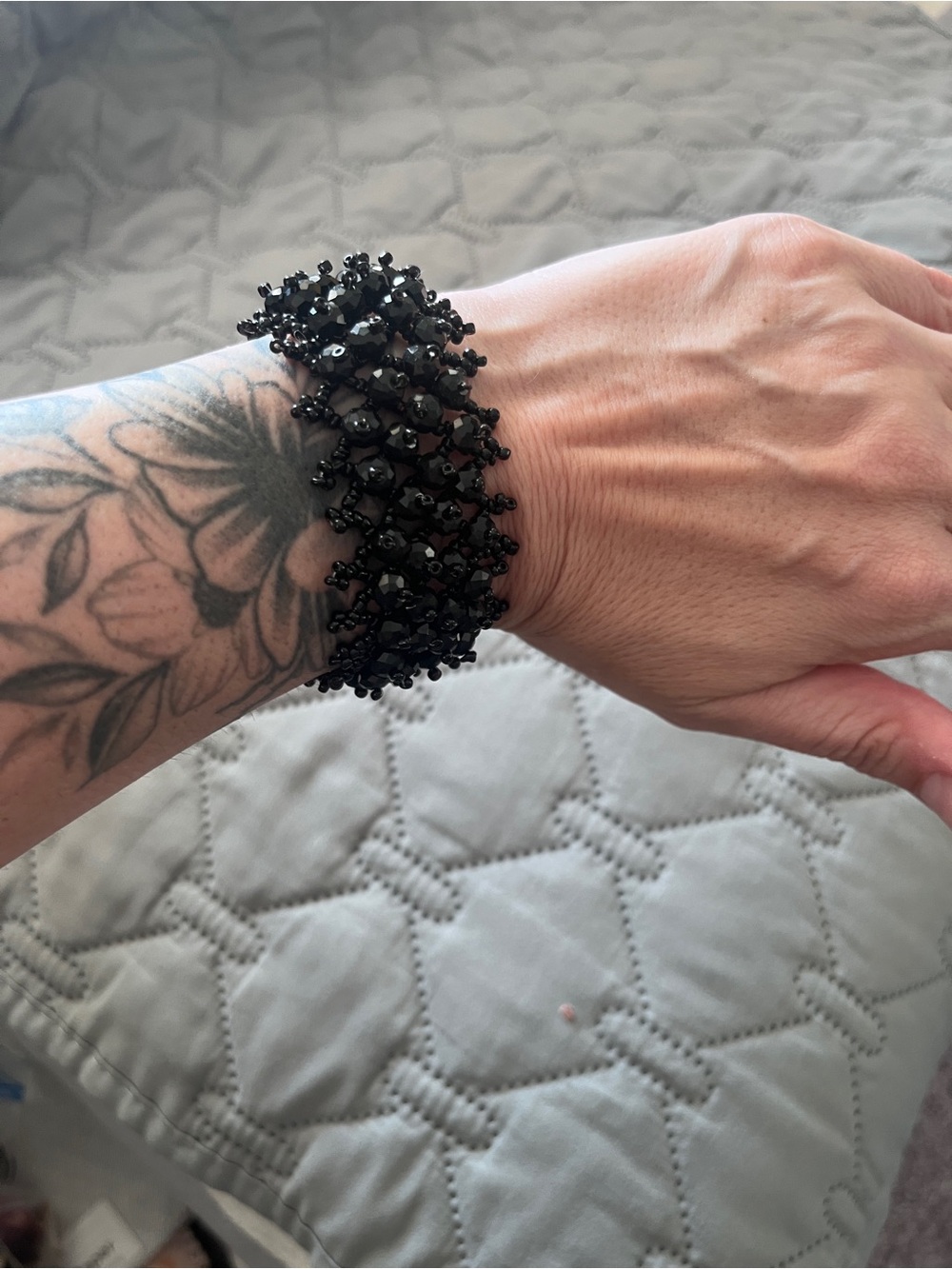 Vintage Gothic Jet Black Crystal Bead Woven Lace Cuff Bracelet